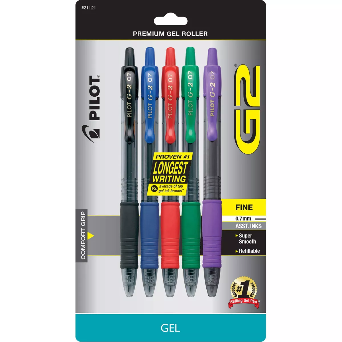 Pilot G2 Gel Pen, Fine Point, Multi Color Ink, 5 Ea